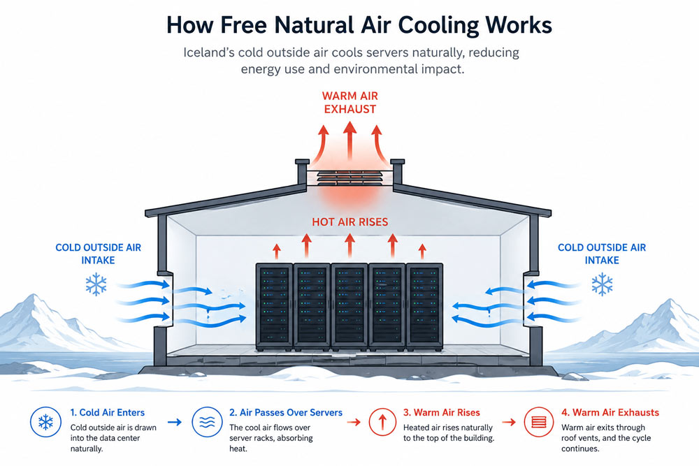 Diagram showing how free natural air cooling works in Iceland data centers.