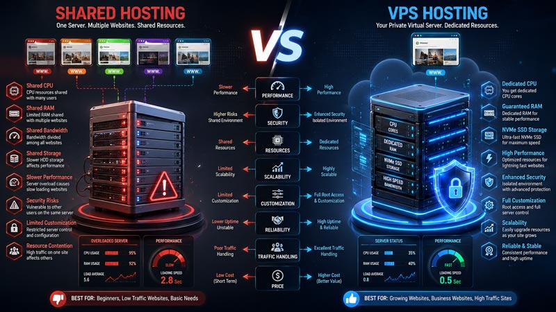 Difference between shared hosting and VPS hosting