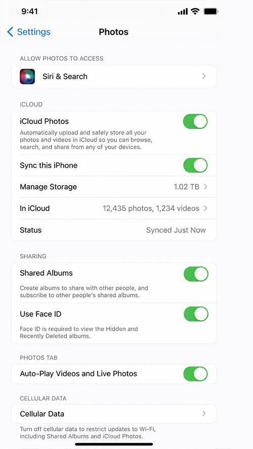 Enabling iCloud Photos sync on iPhone
