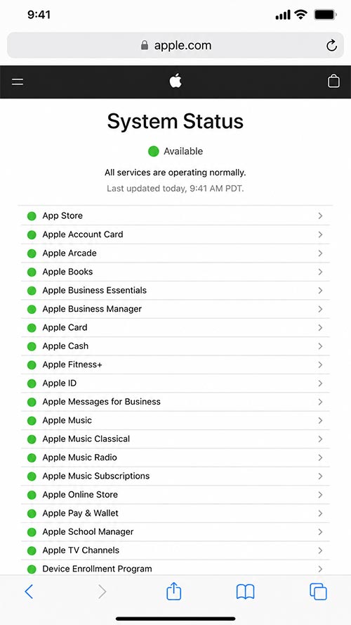 Apple System Status page checking for iCloud outages