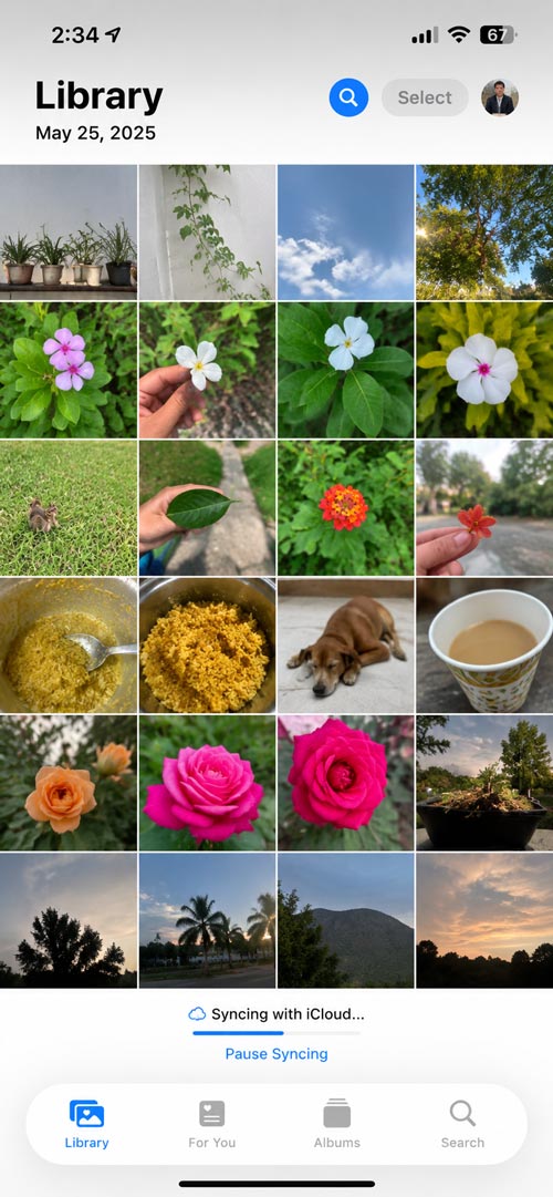 iCloud Photos syncing paused message at bottom of gallery