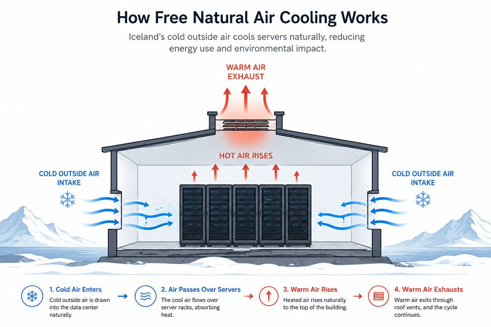 Diagram showing how free natural air cooling works in Iceland data centers.
