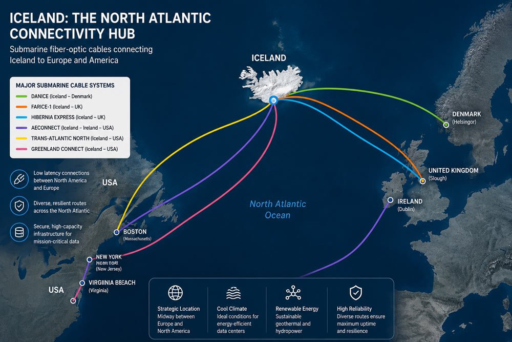 Map of submarine fiber-optic cables connecting Iceland data centers to Europe and America.
