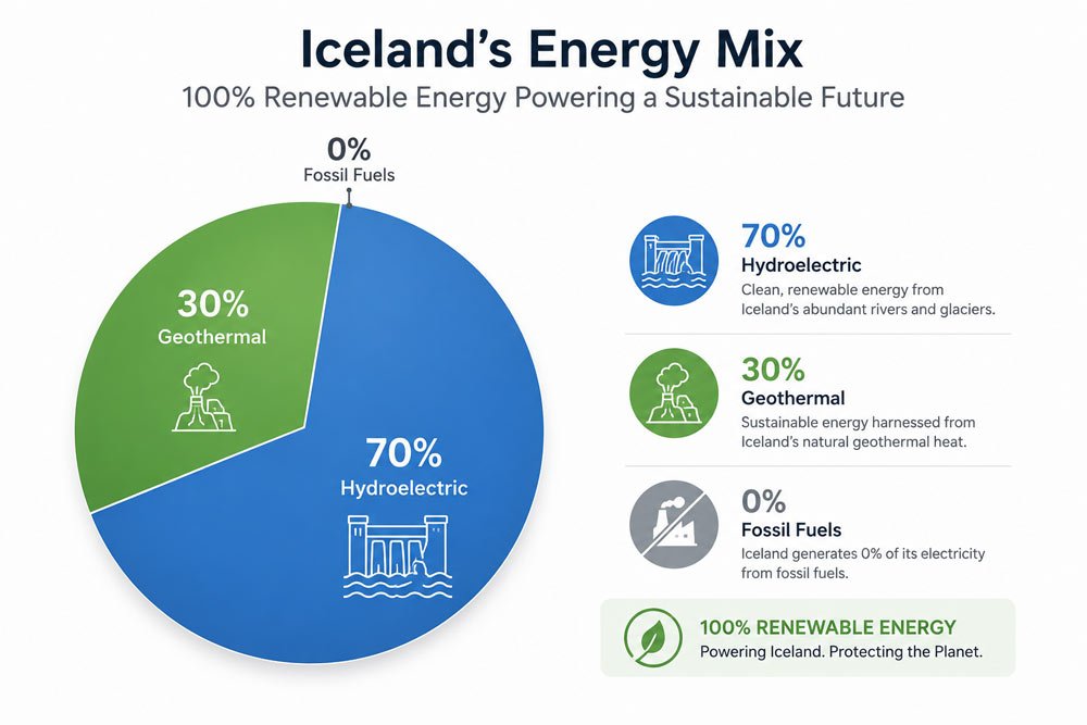 Pie chart showing Iceland's 100 percent renewable geothermal and hydroelectric energy grid.