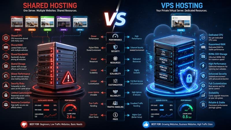 Difference between shared hosting and VPS hosting